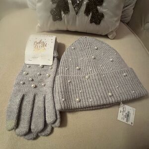 Pearl Embellished Knit Beanie and Gloves